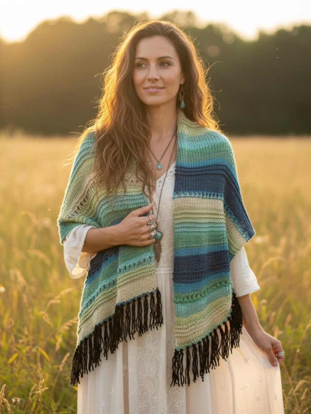 NEW Blue Green Beige Hand Knit Shawl Wrap Scarf Boho Hippie Indie Western Chic